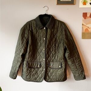 Vintage Barbour Women’s Quilted Jacket in Olive Green with Tweed Accents UK 18